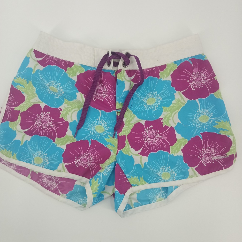 Patagonia‎ Girls L Womens XS 26" waist Floral Poppy Blue Purple Board Shorts